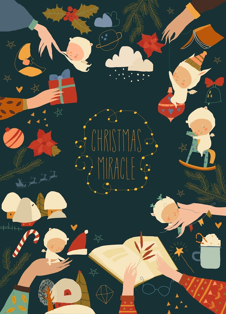 Vektor weihnachtsfestposter mit händchen, die kleine engel halten