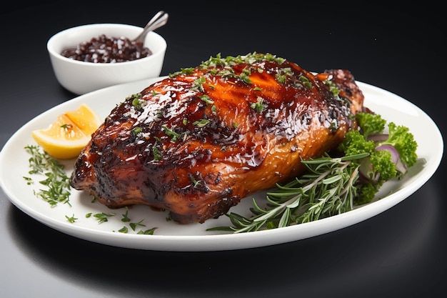 Vektor weihnachtsgebratene gans geschmackvolles ribeye-steak mit frischem gemüse auf schwarzem hintergrund