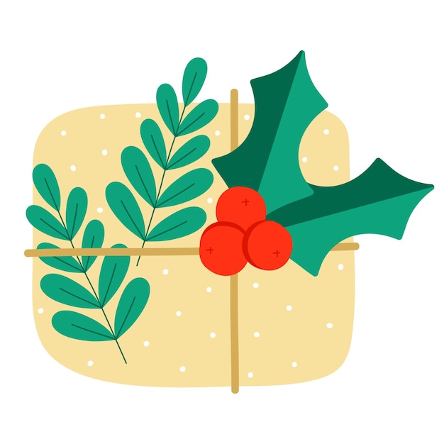 Vektor weihnachtsgeschenk mit holly und zweigen. weihnachtsblätter, traditionelle pflanze. die kiste ist mit verschnürt