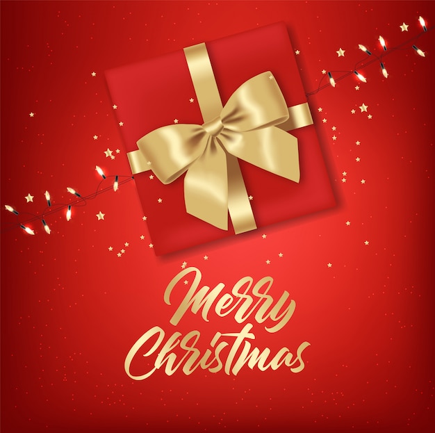 Weihnachtsgeschenk, realistische schachtel und bogen, isoliertes band, frohe feiertage, frohe weihnachten, dekoratives banner, rote designkartenillustration