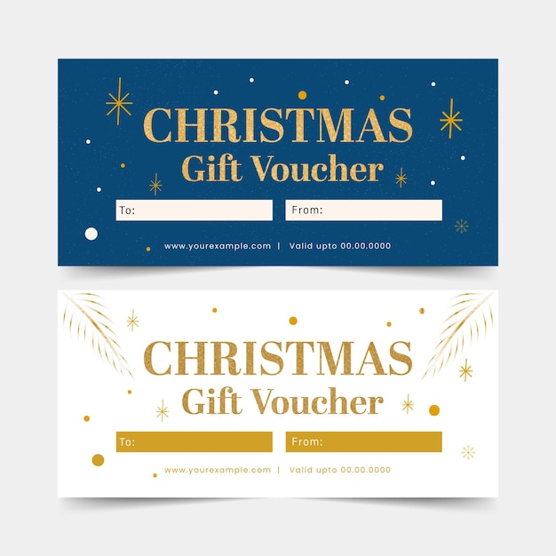 Weihnachtsgeschenkgutschein-banner-layout in den blauen und weißen farboptionen.