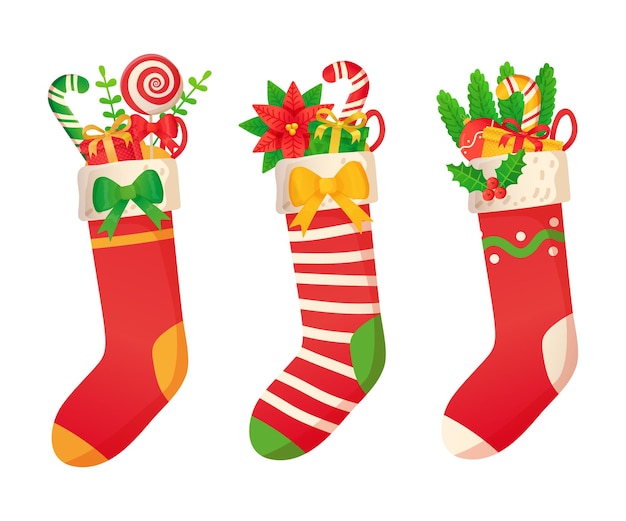 Weihnachtsgeschmückte socken mit geschenken im cartoon-stil