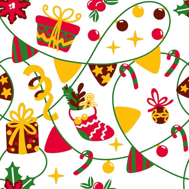 Weihnachtsgirlande, geschenkboxen und andere weihnachtsdekoration. weihnachtsdruck auf weißem hintergrund