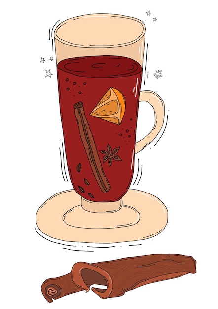 Vektor weihnachtsglühwein cocktailglas mit würziger rotwein-zimtstange kardamom und zitrusscheibe