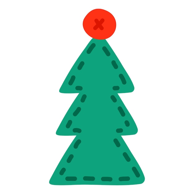 Vektor weihnachtsgrüner baum. das spielzeug ist mit fäden entlang der kontur genäht. nachahmung des nähens.