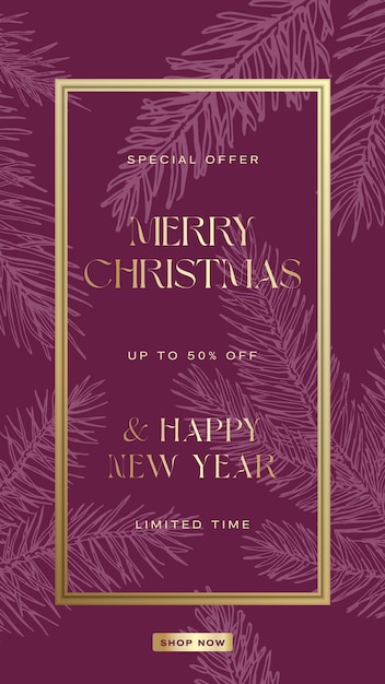 Weihnachtsgrüße social media poster oder postkarten-layout mit handgezeichnetem fichten-kiefern-zweig-hintergrund und goldener promo-kopie-text-urlaubs-lila hintergrund-werbegeschichten-vorlage