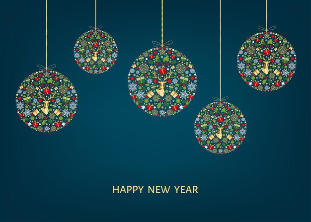 Weihnachtsgrußkarte. Frohes neues Jahr blauer Hintergrund. Weihnachtsball mit Goldren, Geschenken und Schneeflocken. Roter, grüner, weißer Baumschmuck. Buntes Muster. Vektor-Vorlage.