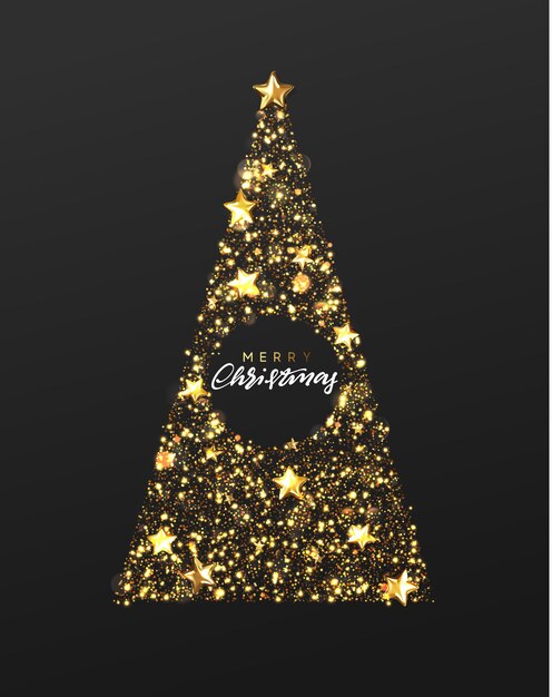 Weihnachtsgrußkarte. hintergrund-weihnachtsbaum aus sternen und goldenen glitzerpartikeln. vektor frohes neues jahr