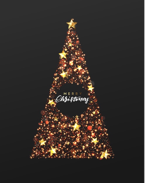 Weihnachtsgrußkarte. hintergrund-weihnachtsbaum aus sternen und grinsenden roten glitzerpartikeln. vektor frohes neues jahr
