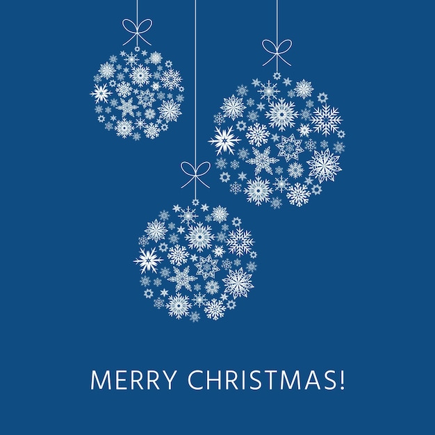 Weihnachtsgrußkarte, kugeln aus weißen schneeflocken auf blauem hintergrund, vektordesign