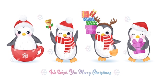 Weihnachtsgrußkarte mit entzückenden pinguinen in vielen posen. weihnachtshintergrundillustration.