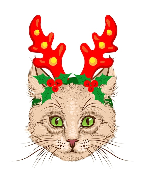 Vektor weihnachtsgrußkarte mit hipster-katze auf weißem hintergrund frohes neues jahr