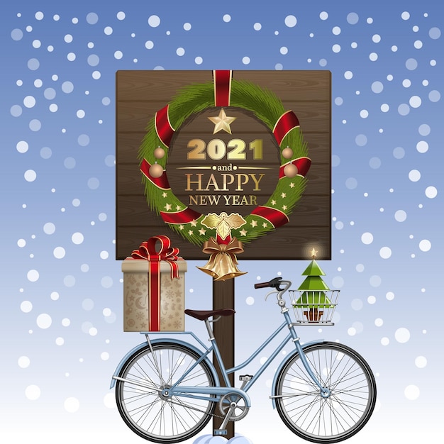 Weihnachtsgrußkarte. weihnachtskranz und winterfahrrad mit geschenkbox und weihnachtsbaum. frohes neues jahr 2021. vektorillustration