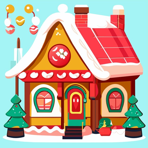 Weihnachtshaus mit Schnee handgezeichnetes flaches stilvolles Cartoon-Sticker-Ikonenkonzept isoliert