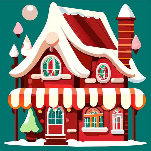 Vektor weihnachtshaus mit schnee handgezeichnetes flaches stilvolles cartoon-sticker-ikonenkonzept isoliert