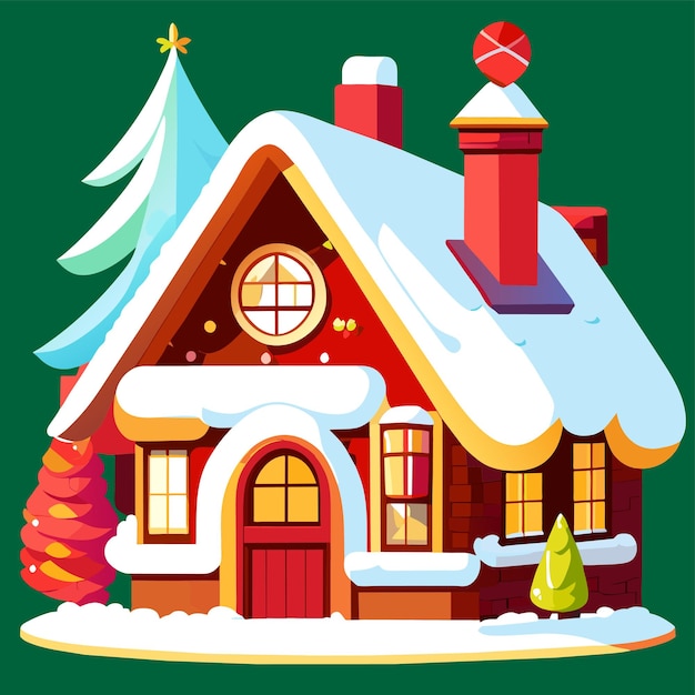 Weihnachtshaus mit schnee handgezeichnetes flaches stilvolles cartoon-sticker-ikonenkonzept isoliert