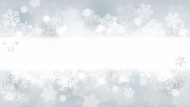 Weihnachtshintergrund aus großen und kleinen Schneeflocken mit einem weißen horizontalen Mittelstreifen für Inschriften in weißen und grauen Farben
