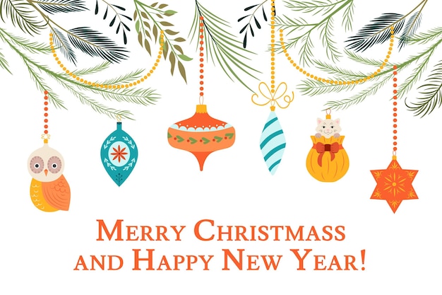 Weihnachtshintergrund mit dekorativen spielzeugen weihnachtsbaumzweige und ornamente