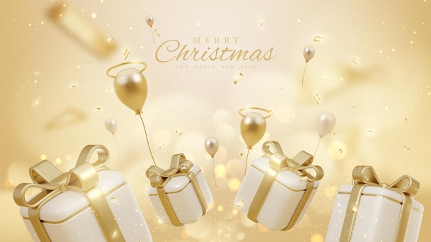 Weihnachtshintergrund mit geschenkboxelementen und goldenen ballons mit bokeh-dekorationen und licht
