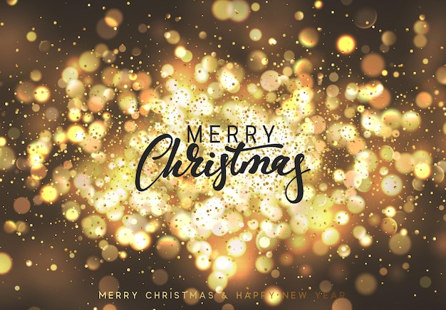 Weihnachtshintergrund mit Lichtergoldbokeh. Weihnachtskarte. Magische Urlaubskarte, Poster, Banner. Nachtheller goldener heller Hintergrund