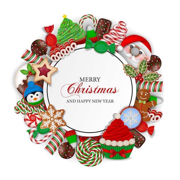 Weihnachtshintergrund mit süßigkeiten. runder weihnachtsrahmen mit süßigkeiten und kuchen