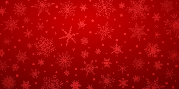 Vektor weihnachtshintergrund mit verschiedenen komplexen großen und kleinen schneeflocken in roten farben