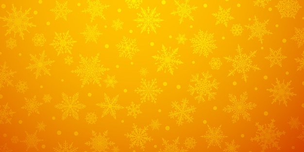 Weihnachtshintergrund mit wunderschönen komplexen Schneeflocken in gelben Farben. Winterillustration mit fallendem Schnee