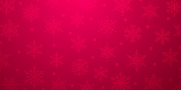 Weihnachtshintergrund mit wunderschönen komplexen Schneeflocken in roten Farben. Winterillustration mit fallendem Schnee