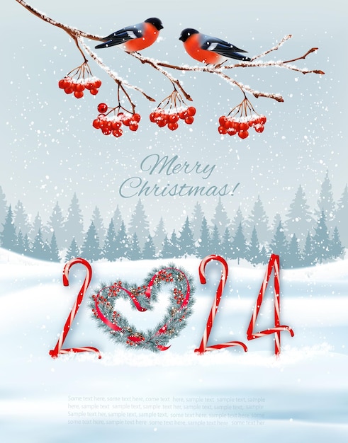 Vektor weihnachtshintergrund und frohes neujahr mit roten bullenfinken auf einem zweig eines weihnachtsbaums und 2024 zahlen vektor