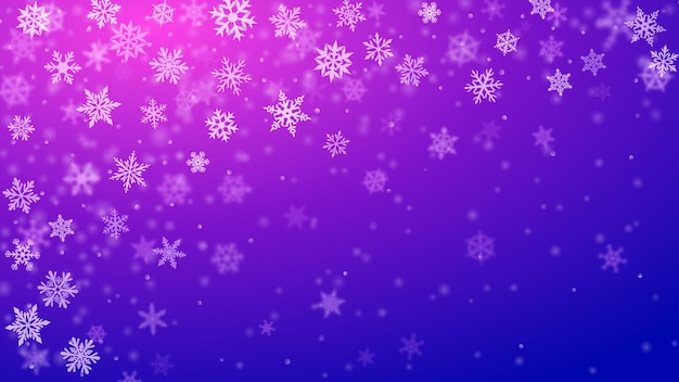Weihnachtshintergrund von komplexen unscharfen und klar fallenden schneeflocken in blauen und violetten farben mit bokeh-effekt