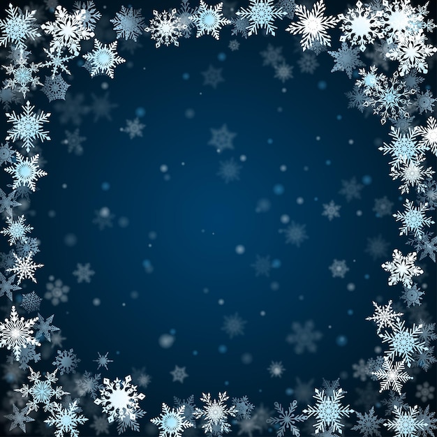 Weihnachtshintergrund von schneeflocken, die in einem kreis angeordnet sind, in dunkelblauen farben