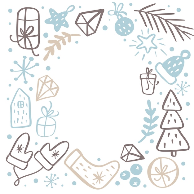 Weihnachtshintergrundrahmen mit weihnachtsgeschenken, kappen, hüten und anderen elementen. vektorvorlage für grußkarten