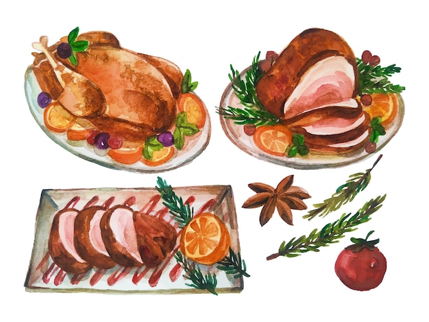 Weihnachtshühnchenmahlzeit-Aquarellvektor