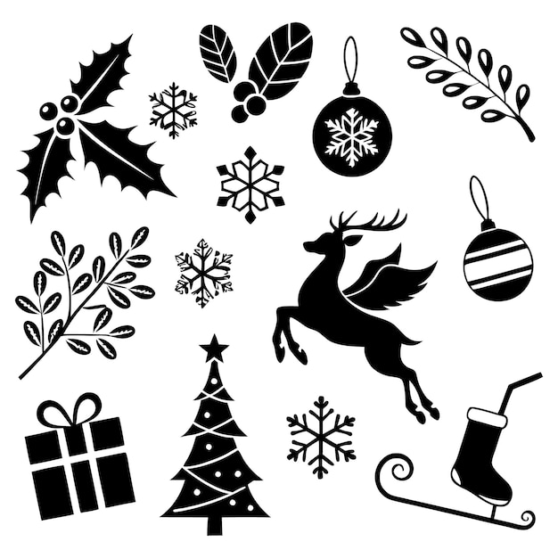 Weihnachtsikonen Schwarz-Weiß-Ferien-Silhouetten mit festlichen Dekorationen und Wintermotiven