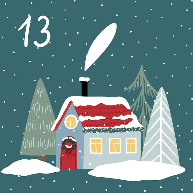 Weihnachtsillustration mit gemütlichen hausbäumen und zahlen für den adventskalender