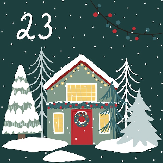 Vektor weihnachtsillustration mit gemütlichen hausbäumen und zahlen für den adventskalender