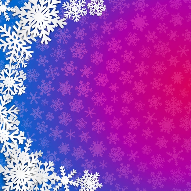 Weihnachtsillustration mit halbkreis aus großen weißen schneeflocken mit schatten auf blauem und violettem hintergrund