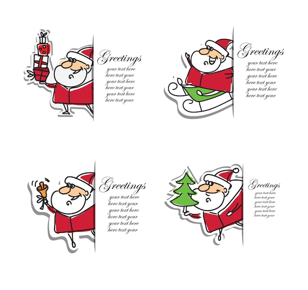 Weihnachtsillustrationskarten mit weihnachtsmännern und süßem schwein, geschenken, geschenken und bannern