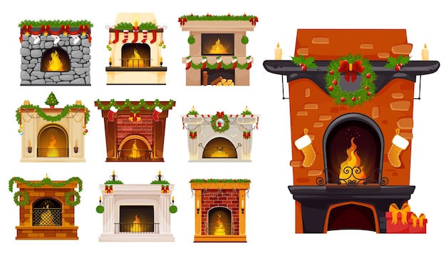 Weihnachtskamin-cartoon-satz von weihnachtsfeiertagskaminen mit weihnachtsbaumkränzen, weihnachtsmannstrumpfsocken und -geschenken, stechpalmenbeerengirlanden, kugeln und kerzen. winterferienraum interieur