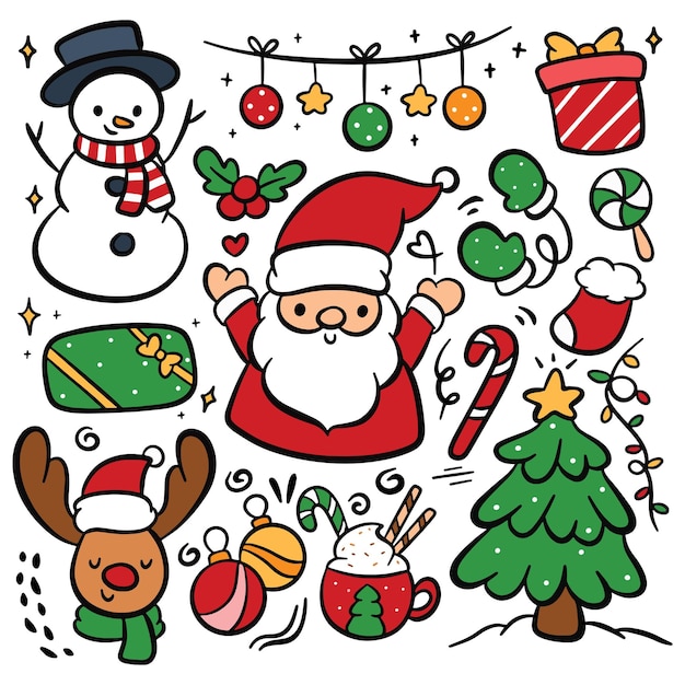 Weihnachtskarikatur-konzept-hand gezeichnete gekritzel-elemente-vektor-illustration
