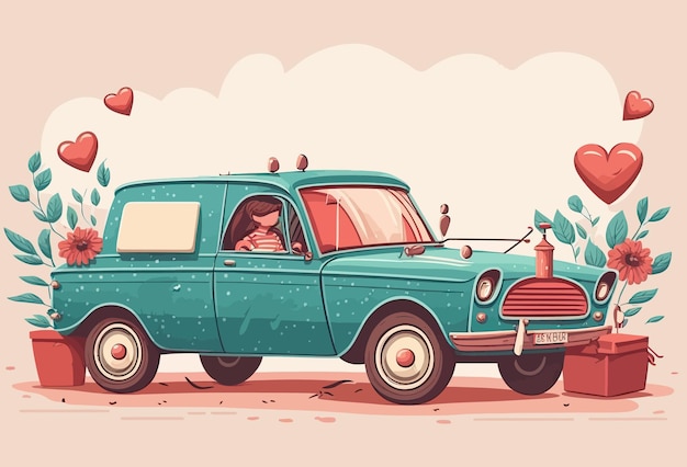 Weihnachtskarte für Valentinstag Blumen stilvolles Retro-Auto Oldtimer-Mädchen Generative AI grüne Romantik elegante Atmosphäre Banner-Charme Das Konzept der Romantik-Vektor-Illustration