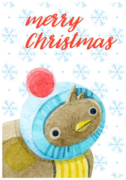 Vektor weihnachtskarte mit einem aquarell spatz netter bunter vogel in einer strickmütze mit einem roten bommel auf dem hintergrund der fallenden schneeflocken weihnachtsfeiertagsplakat eine frohe weihnachtsgrußkarte