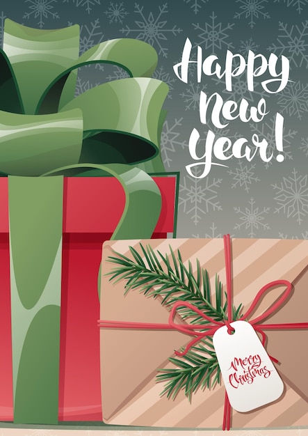 Weihnachtskarte mit einem Bündel von Geschenken, die in schöne Schleifen gewickelt sind. Ideal für Neujahrsbanner, Poster, Flyer, Partyeinladung