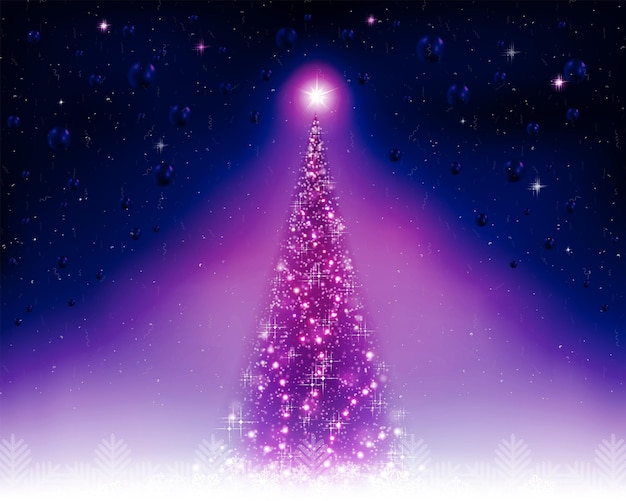 Weihnachtskarte mit einem glänzenden lila Tannenbaum