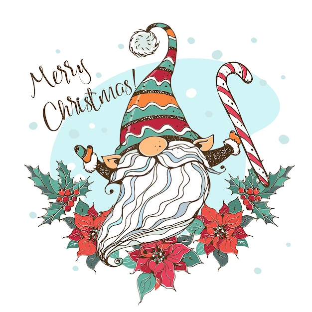 Weihnachtskarte mit einem niedlichen nordischen gnom mit einem großen lutscher in einem rahmen mit einem kranz der weihnachtssternblumen. doodle-stil.