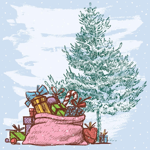 Weihnachtskarte mit einem tannenbaum und weihnachtsgeschenken