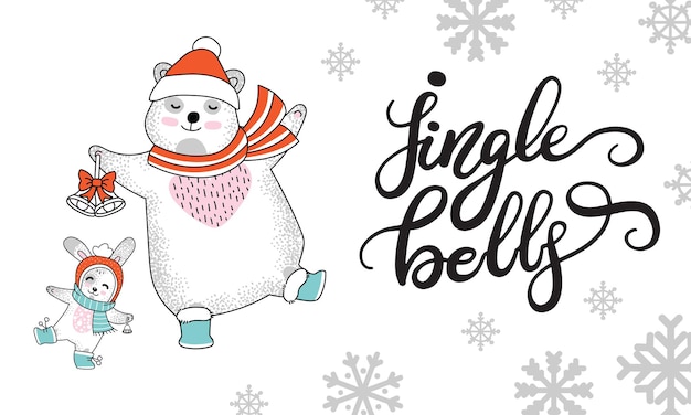 Weihnachtskarte mit kaninchen, bär und schneeflocken. vektor-illustration.