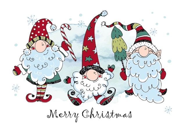 Weihnachtskarte mit lustigen nordischen gnomen mit geschenken doodle-stil vektor
