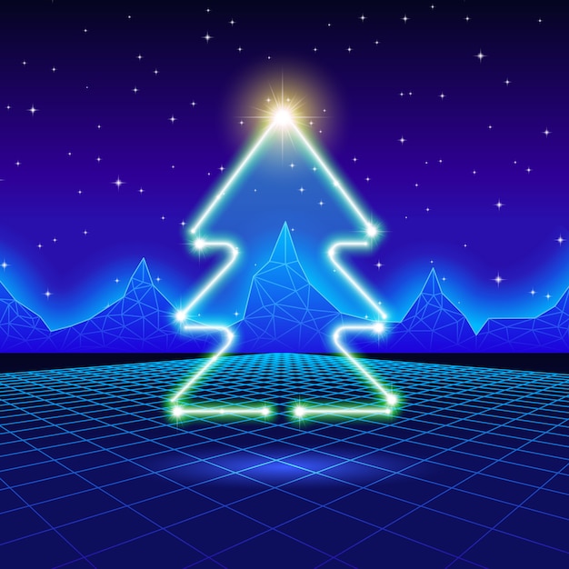 Weihnachtskarte mit Neonbaum 80s