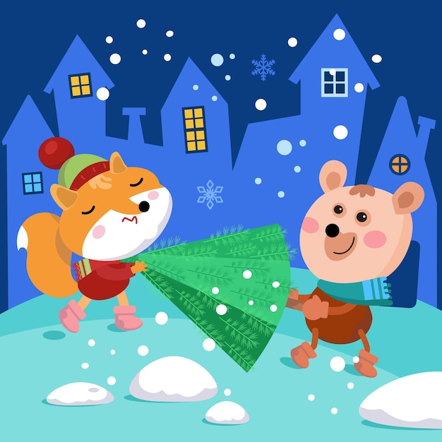 Weihnachtskarte mit niedlichem Fuchs und Bär im Schnee. Vektorillustration